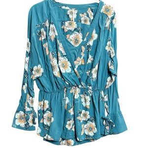 Free People Tunic Blouse Revolve Tuscan Dreams Long Sleeve Teal Floral Sz Small
